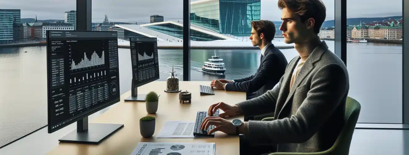 Analyst in oslo office comparing esg metrics with traditional financial data
