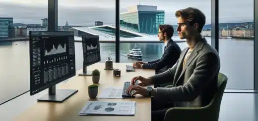 Analyst in oslo office comparing esg metrics with traditional financial data