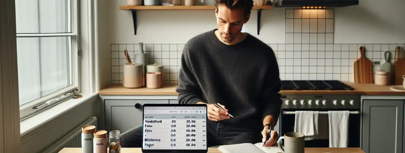 Norwegian adult calmly budgeting at a kitchen table in soft daylight
