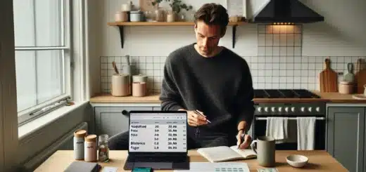 Norwegian adult calmly budgeting at a kitchen table in soft daylight