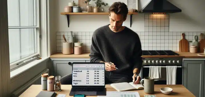 Norwegian adult calmly budgeting at a kitchen table in soft daylight