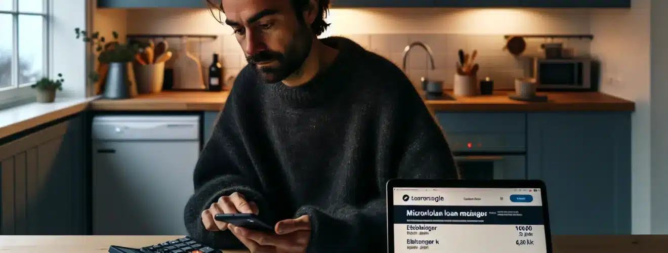 Norwegian adult comparing microloan costs on laptop with bills and calculator