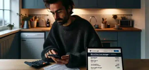 Norwegian adult comparing microloan costs on laptop with bills and calculator