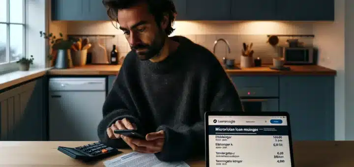 Norwegian adult comparing microloan costs on laptop with bills and calculator