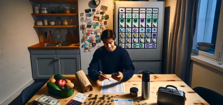 Norwegian adult tracking gamified budget goals at a kitchen table in winter