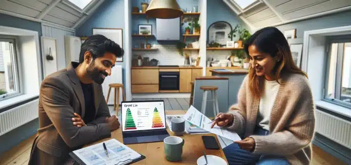 Norwegian couple reviews green loan with banker solar panels and ev visible