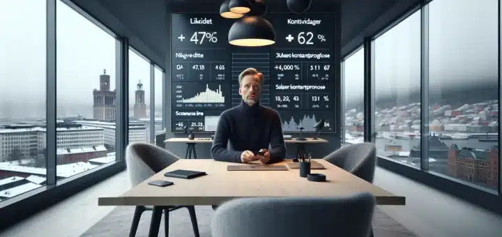 Norwegian executives review liquidity dashboards and plans in an oslo office winter scene