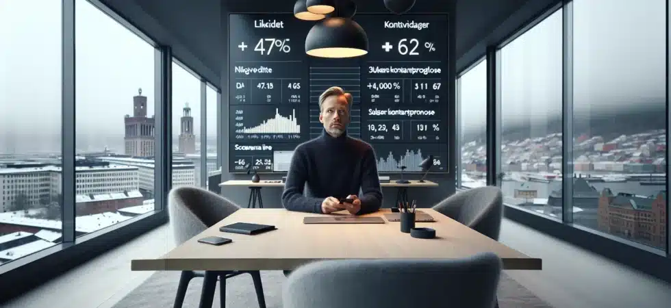 Norwegian executives review liquidity dashboards and plans in an oslo office winter scene