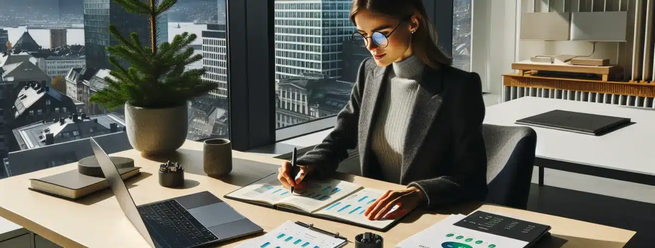 Norwegian investor reviews esg data with oslo waterfront and electric ferry backdrop