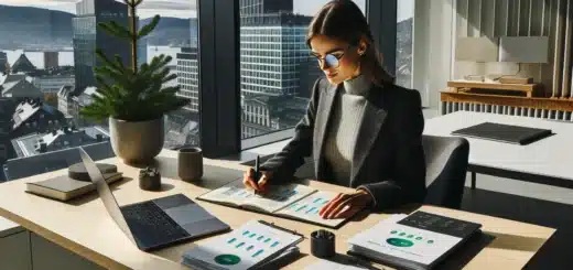 Norwegian investor reviews esg data with oslo waterfront and electric ferry backdrop