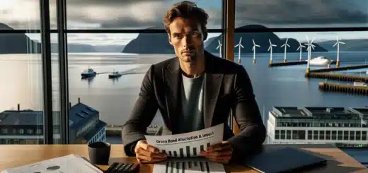 Norwegian investor reviews green bond reports with wind turbines over the oslofjord