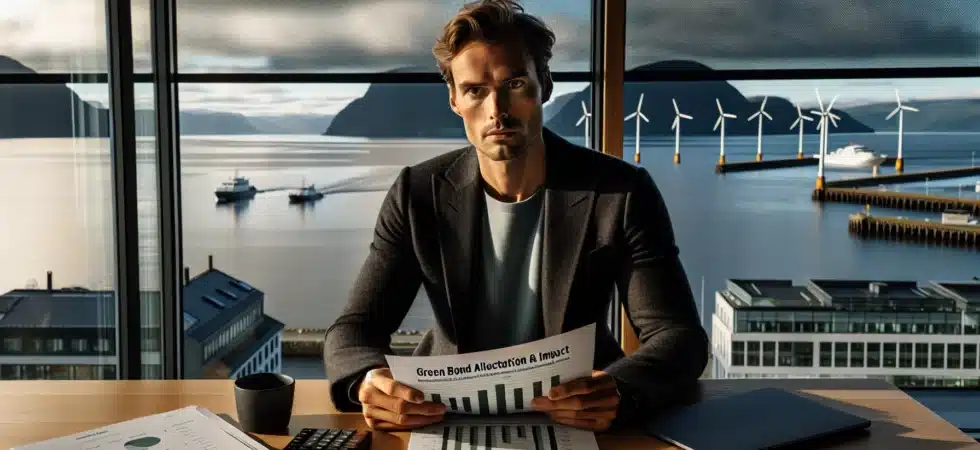 Norwegian investor reviews green bond reports with wind turbines over the oslofjord