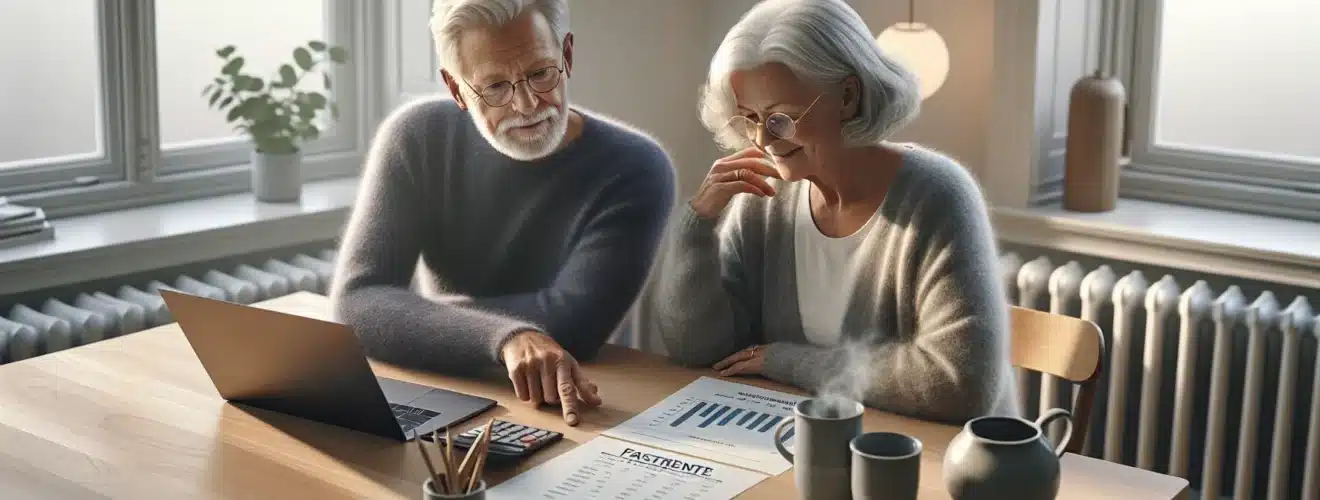 Norwegian retirees review a savings plan at a sunlit kitchen table
