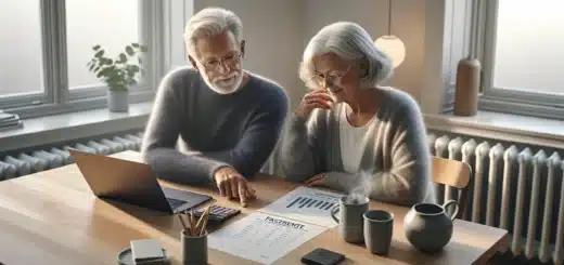 Norwegian retirees review a savings plan at a sunlit kitchen table