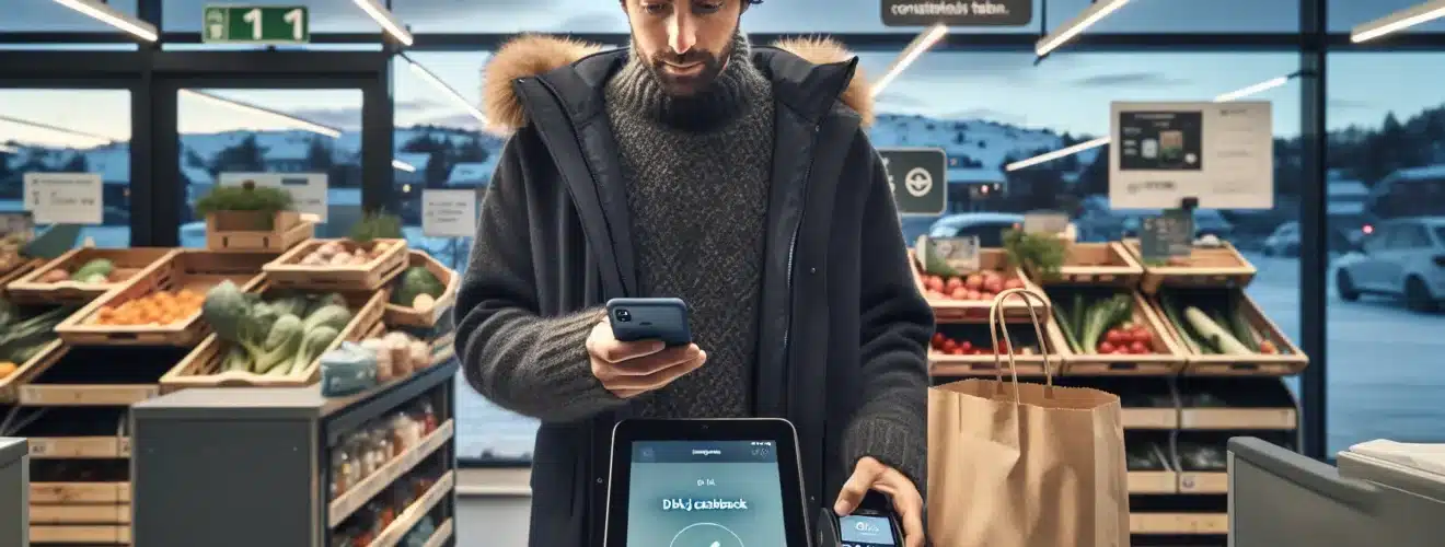 Norwegian shopper gets 5 cashback at a grocery self checkout using phone