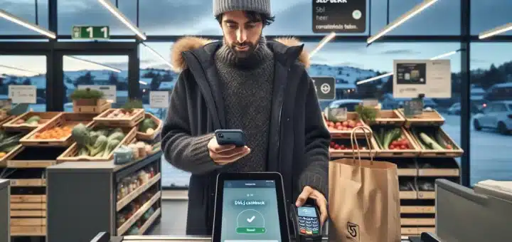 Norwegian shopper gets 5 cashback at a grocery self checkout using phone