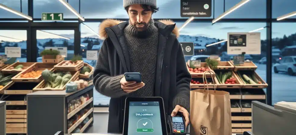 Norwegian shopper gets 5 cashback at a grocery self checkout using phone
