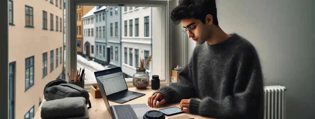 Norwegian student reviews credit card and budget at a tidy desk