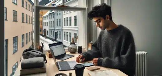 Norwegian student reviews credit card and budget at a tidy desk
