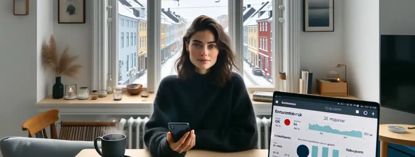 Norwegian woman reviewing ai finance app with categorized spending and savings goals