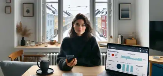 Norwegian woman reviewing ai finance app with categorized spending and savings goals