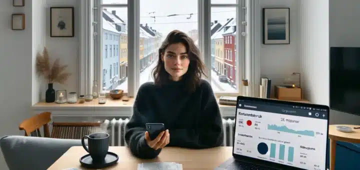 Norwegian woman reviewing ai finance app with categorized spending and savings goals