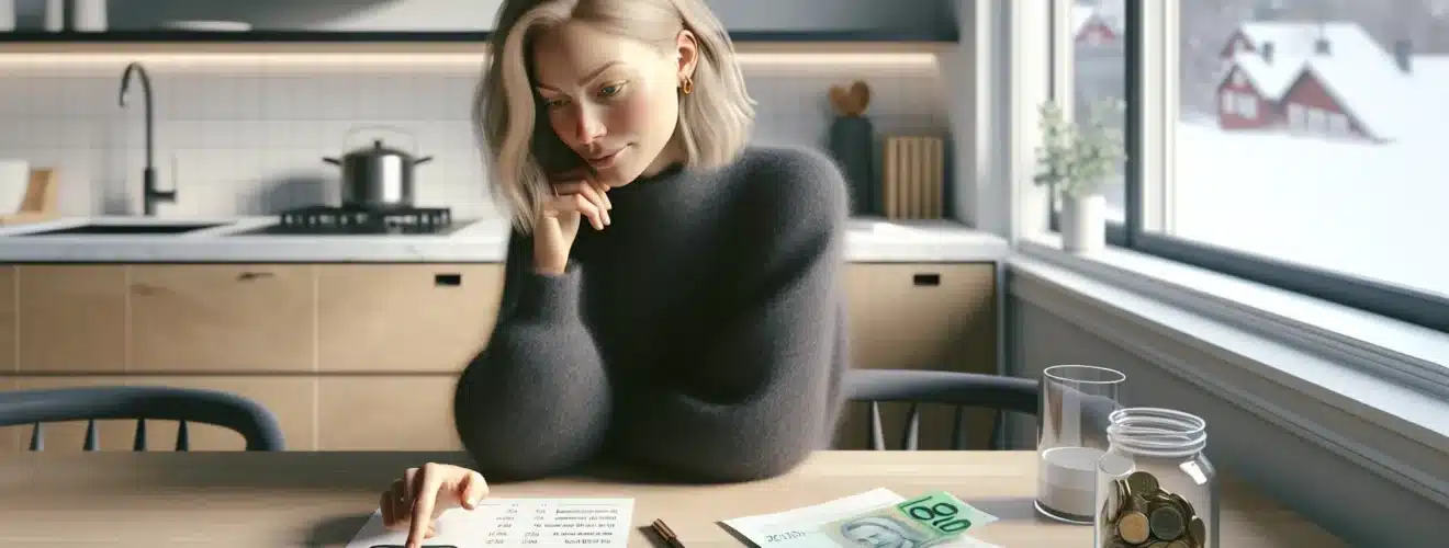 Norwegian woman reviewing savings interest and inflation chart at a kitchen table