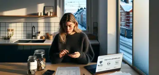 Norwegian woman weighing online purchase against savings on a winter morning