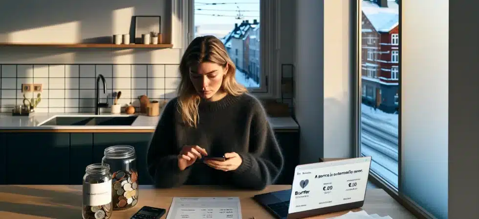 Norwegian woman weighing online purchase against savings on a winter morning