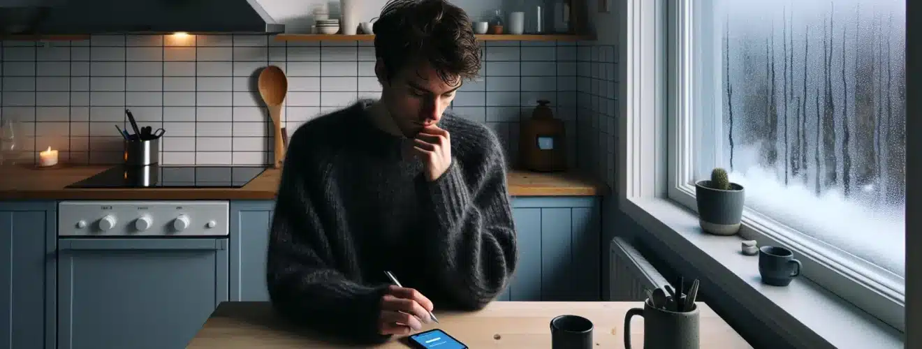 Young norwegian budgeting emergency fund with bank app bills and winter light