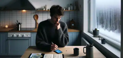 Young norwegian budgeting emergency fund with bank app bills and winter light