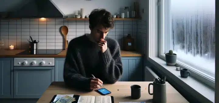 Young norwegian budgeting emergency fund with bank app bills and winter light