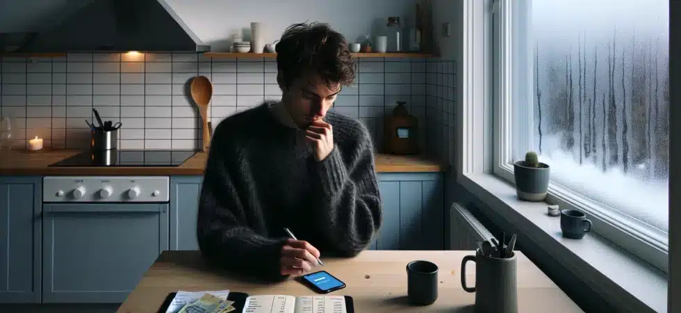Young norwegian budgeting emergency fund with bank app bills and winter light