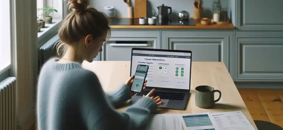 Young norwegian reviewing ethical bank options at home with fjord backdrop